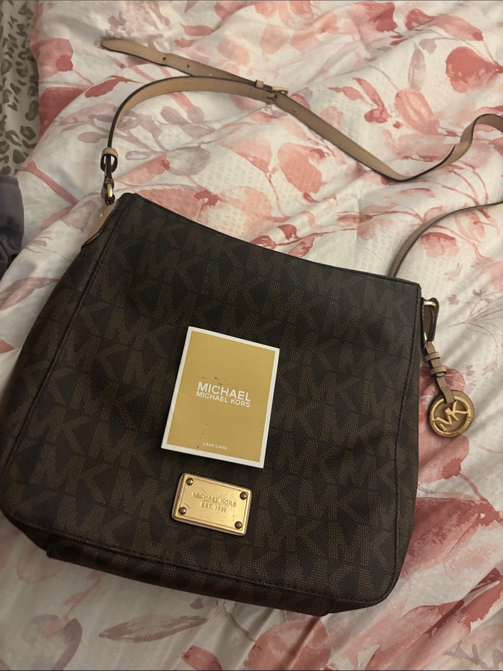 Michael Kors Brown Logo Crossbody with Tan Strap and Gold Hardware